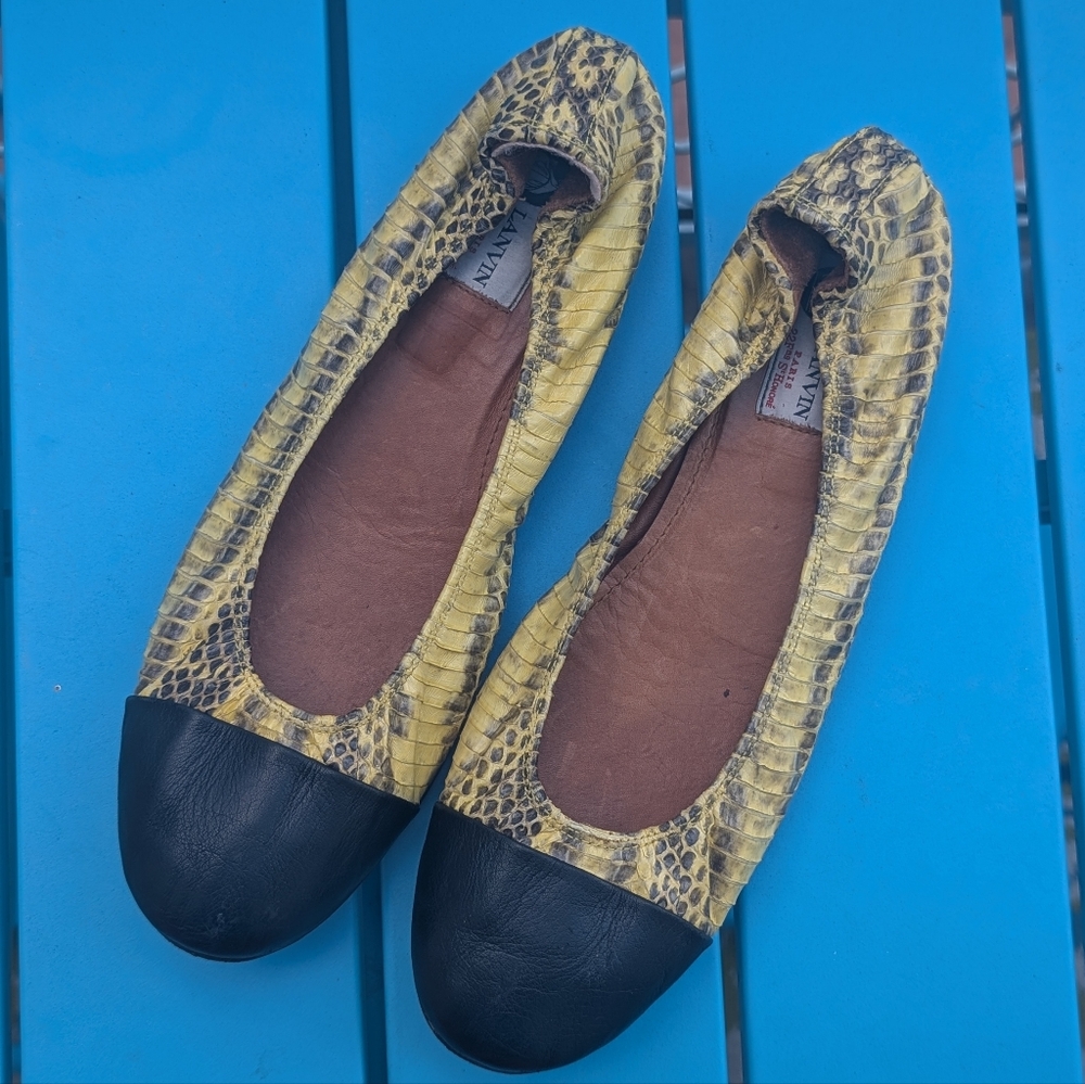 Lanvin Yellow and Black Snakeskin Flats, EU 40 (US 9 - 9.5), Python Ballerinas